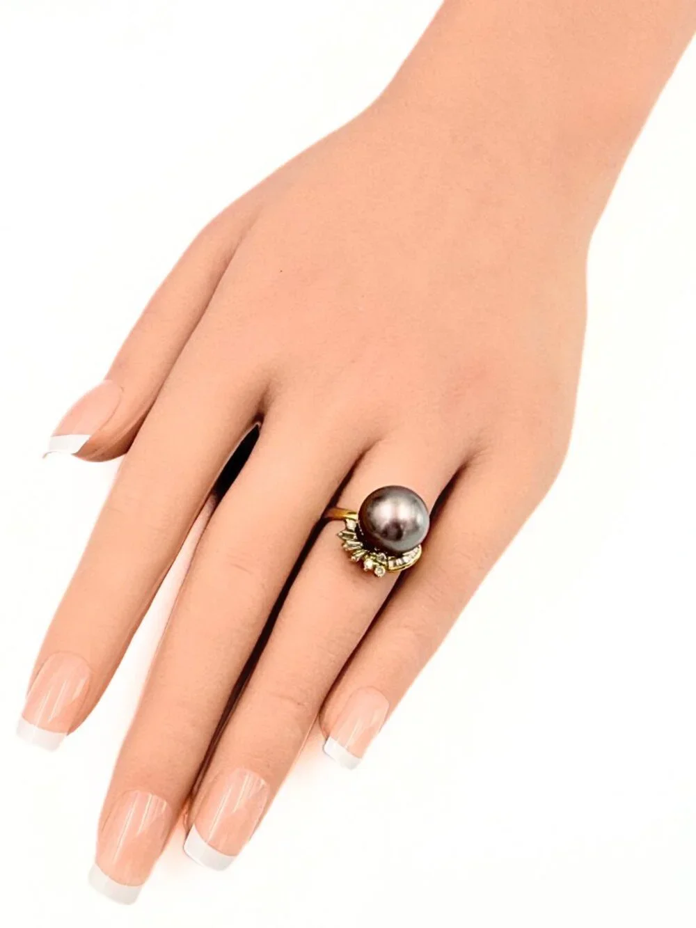 Estate 18K Marked Yellow Gold Black Tahitian Cultured Pearl Diamond Ring Sz 6